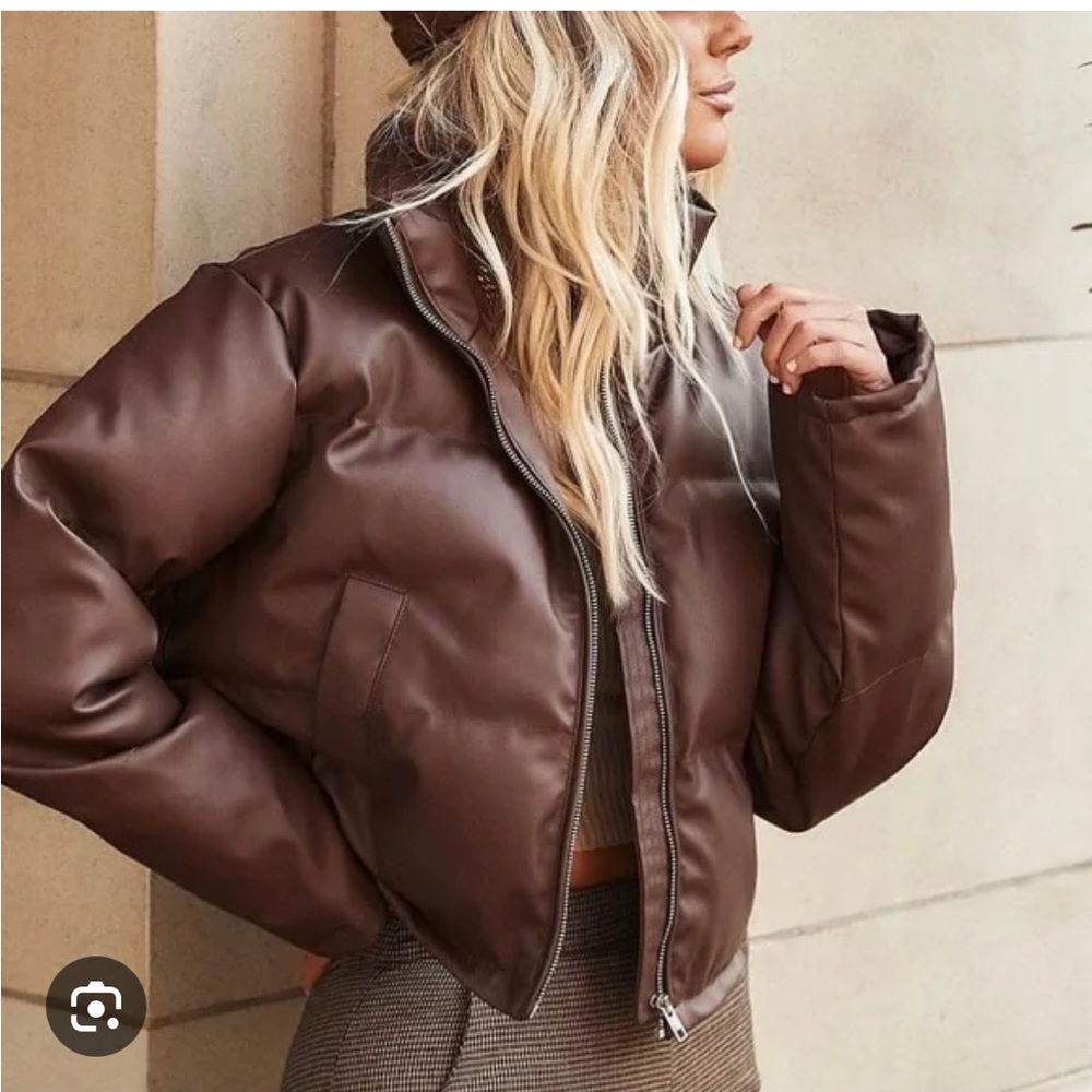12th Tribe Brown Leather Puffer Jacket size S